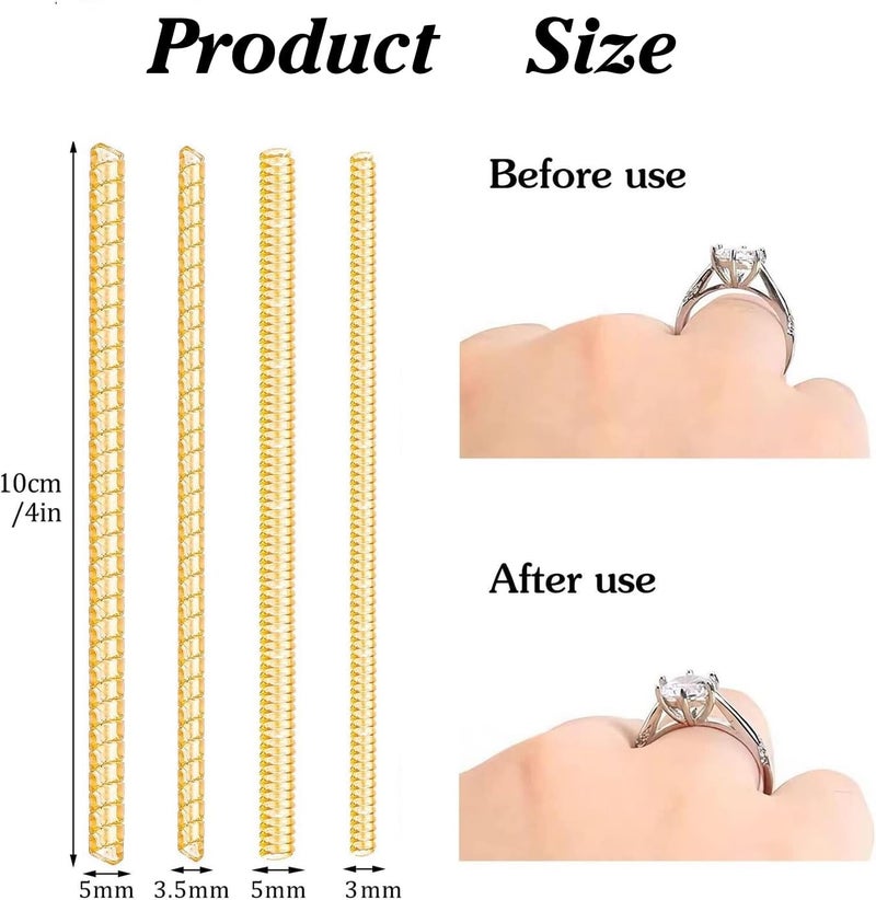 WGLILO Store Ring Sizer Adjuster for Loose Rings,16 Pack 4 Size for Different Band Widths, Invisible Guards for Women & Men, Spiral Silicone Tightener Set with Polishing Cloth(Gold & Clear) - Image 3